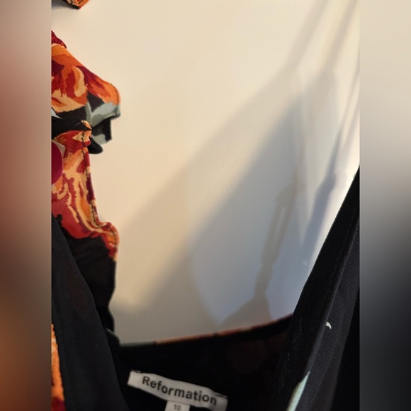 new Reformation Elysia floral print ruffle cascading gown in black orange - Picture 7 of 9